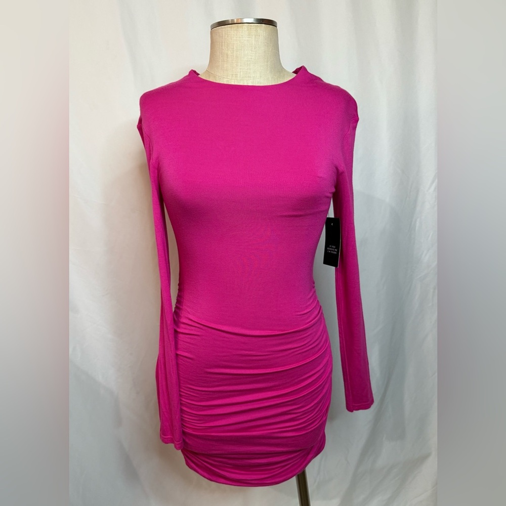 NWT Vibrant Pink Long Sleeve Dress with Side Ruching.